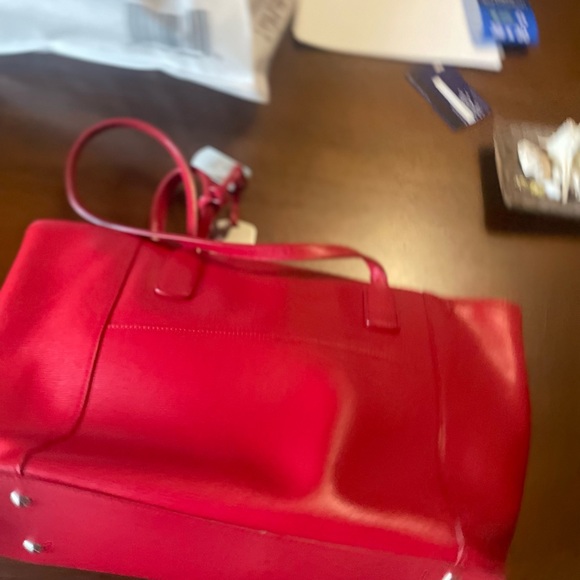 Lauren Ralph Lauren Newbury Tote Saffiano Leather Purse Red Pocketbook - Picture 8 of 9